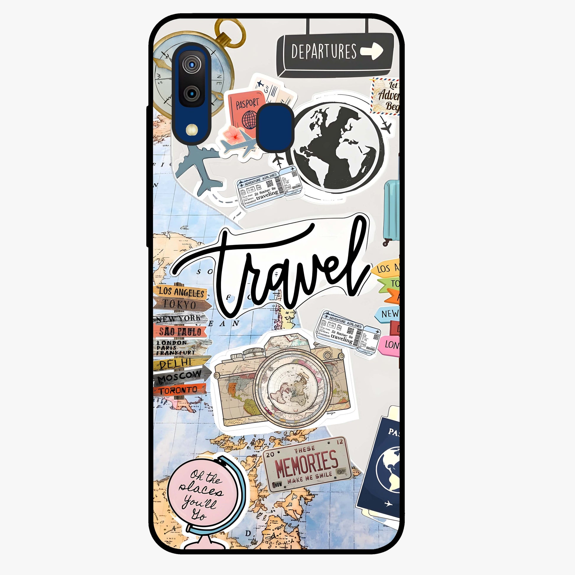 Wanderlust Journal Glass Case showing flat back view with travel inspired artwork and glossy glass finish.