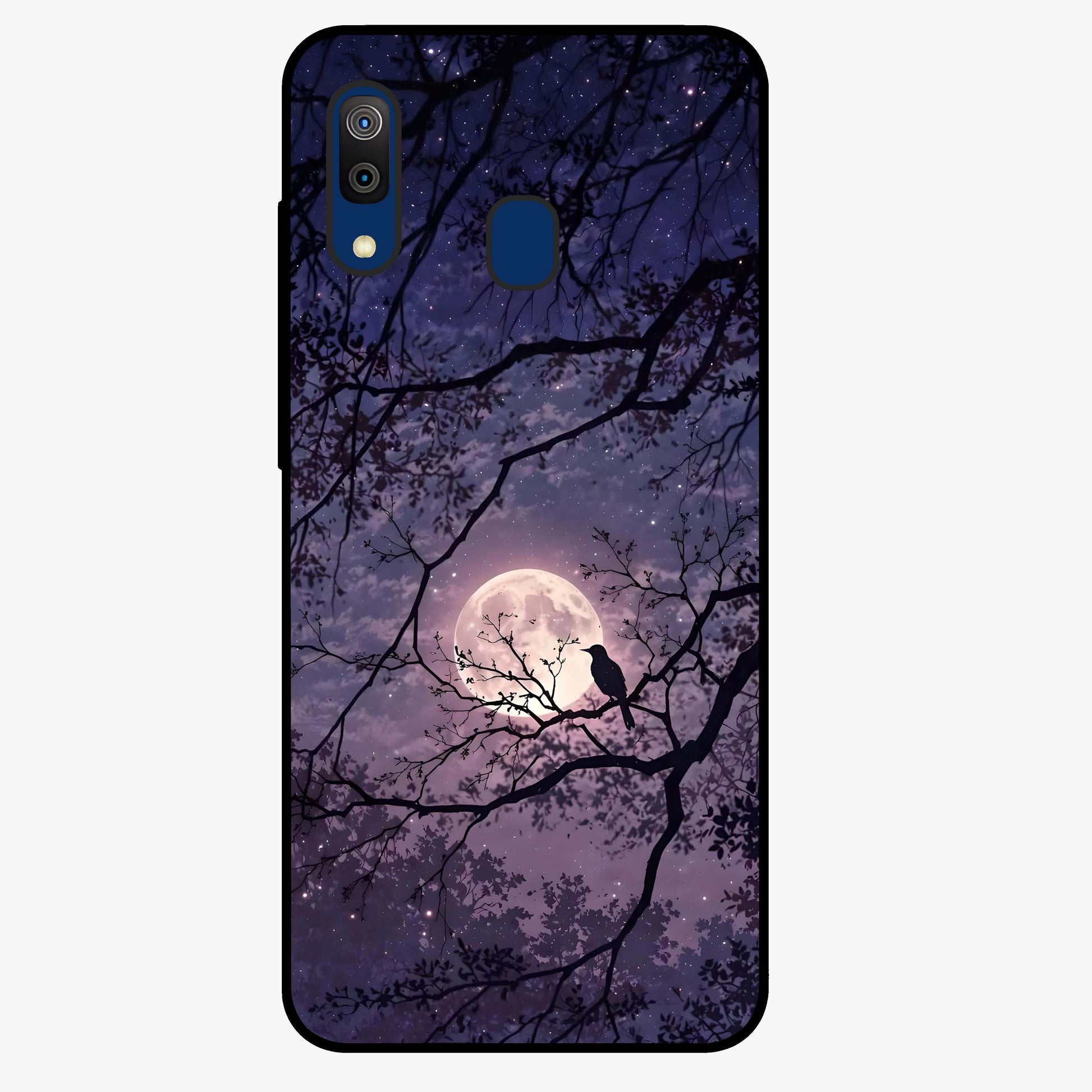 Whispering Moon Silence Glass Case showing flat back view with serene moon themed artwork and glossy glass finish.
