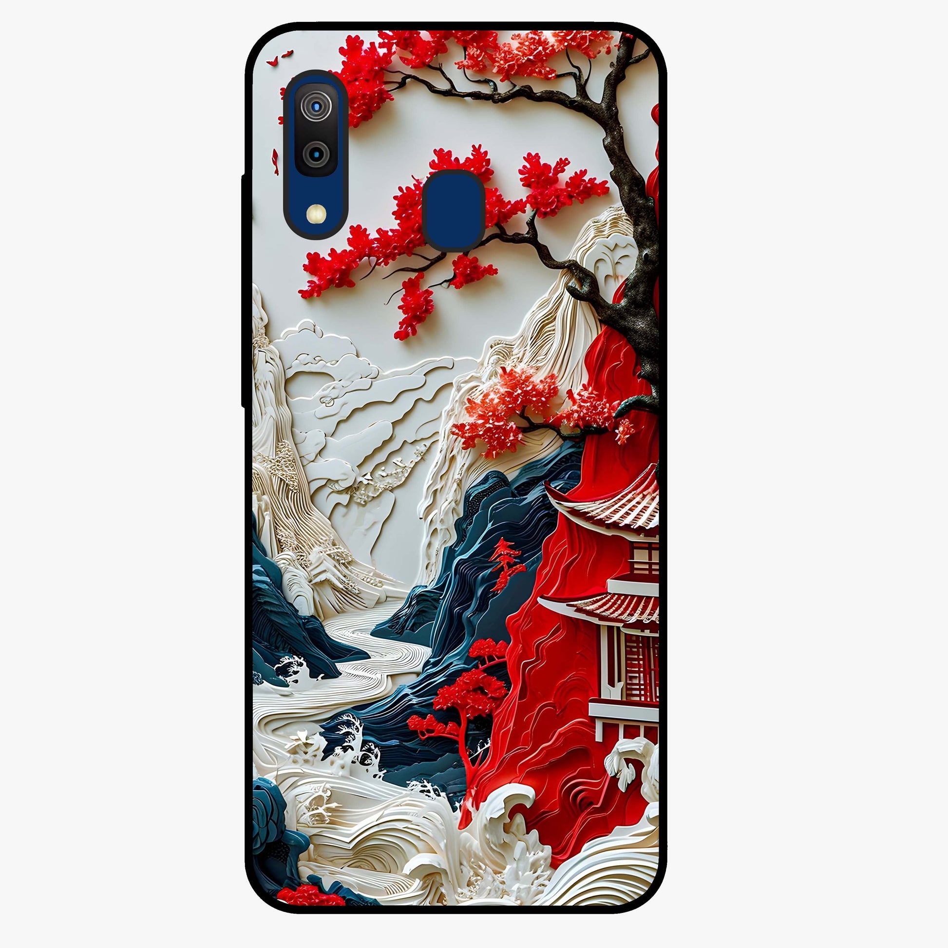 Whispers Of Sakura Waves Glass Case showing flat back view with cherry blossom wave artwork and glossy glass finish.