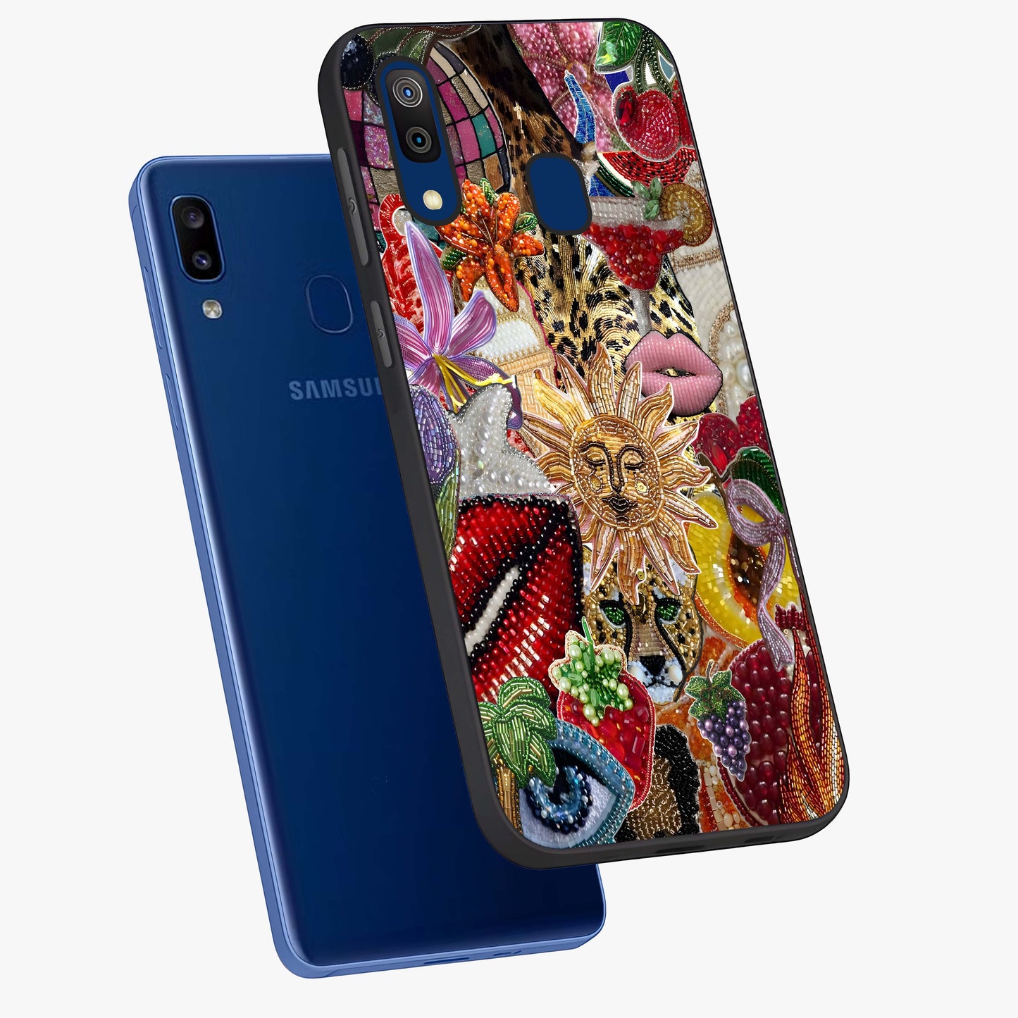 Beaded Fashion Jungle Glass Case displayed in angled mockup highlighting colorful fashion bead design and artistic pattern.