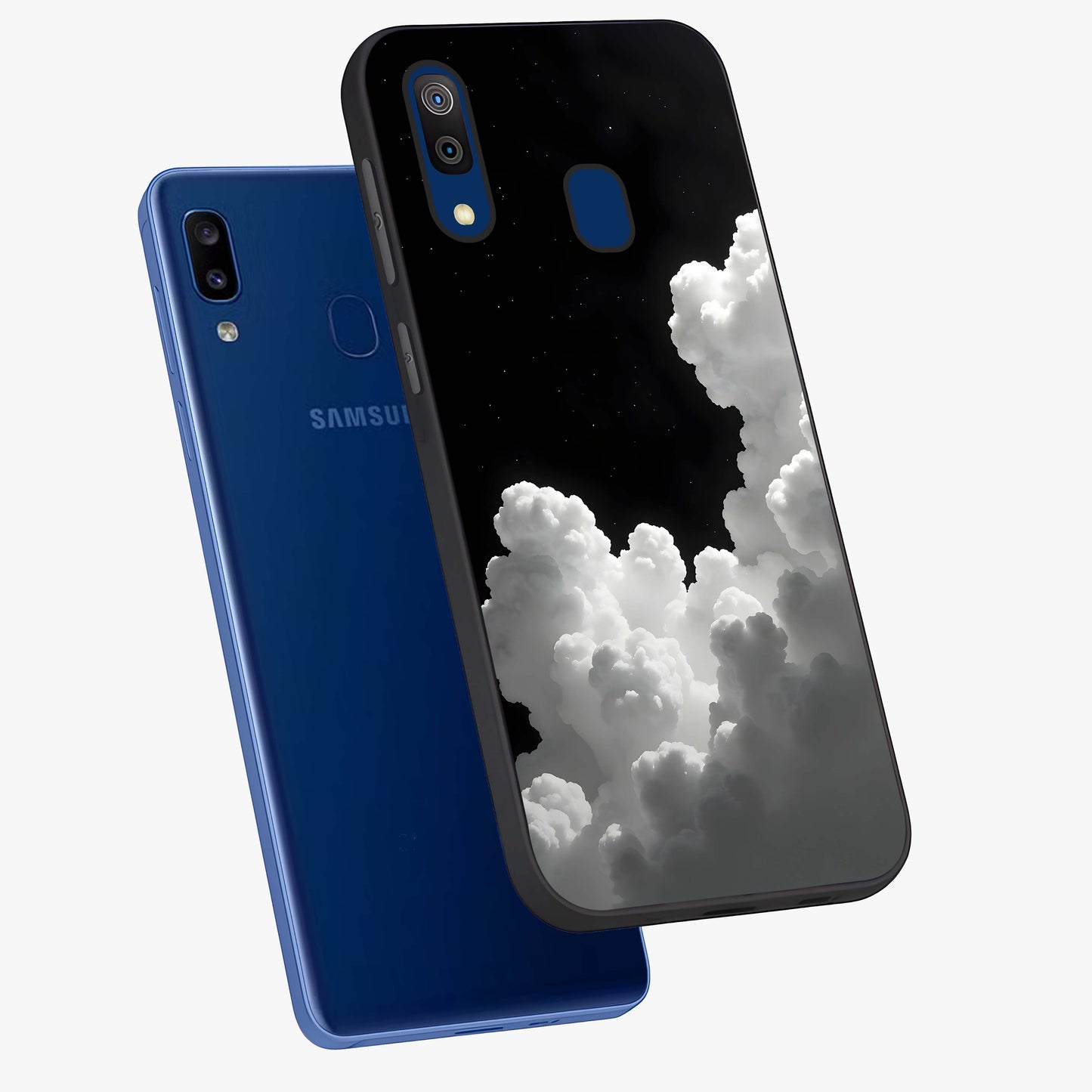Black Background With White Cloud Glass Case displayed in angled mockup highlighting soft white cloud illustration and minimal design.