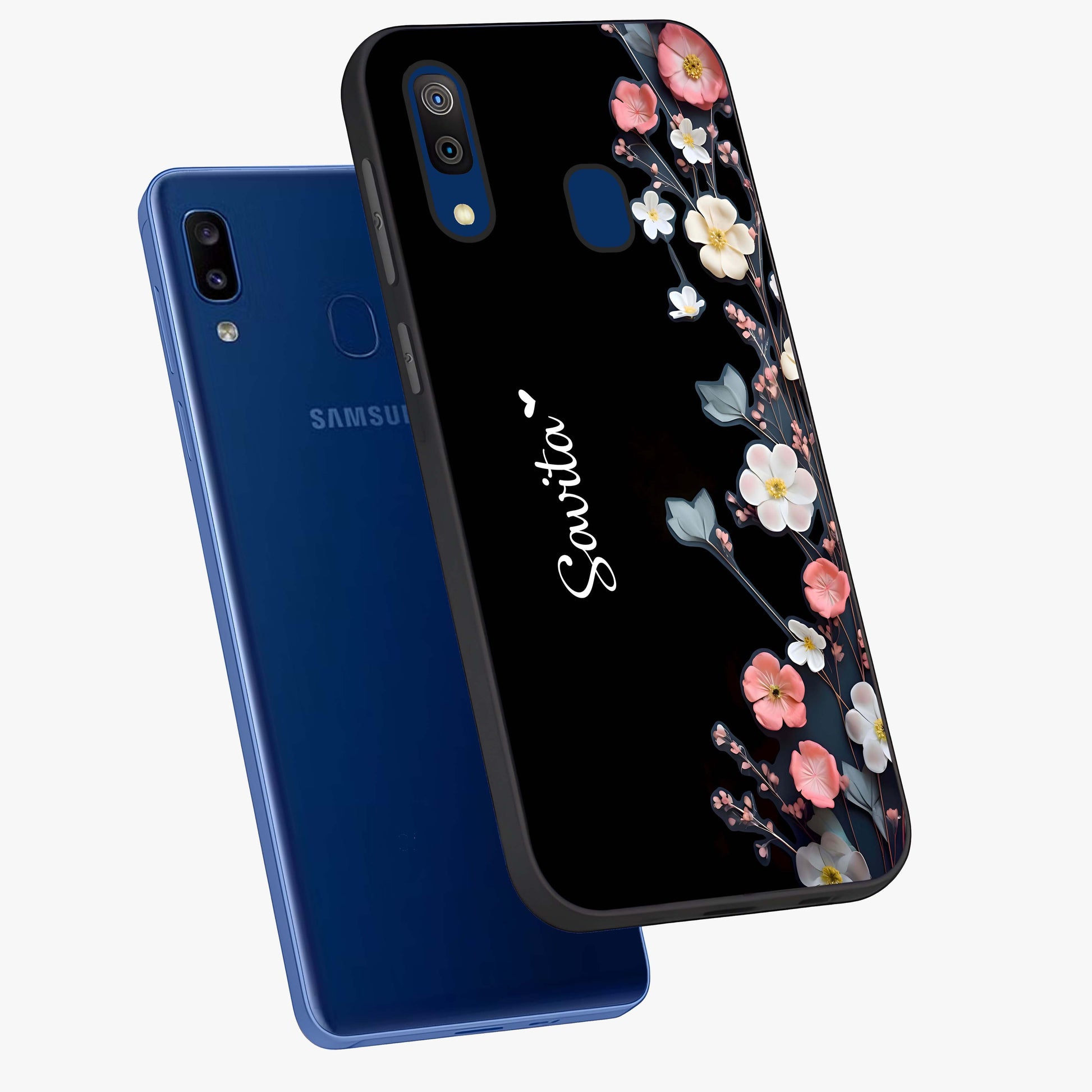 Black Elegance Floral Custom Name Glass Case displayed in angled mockup highlighting dark floral aesthetic and custom name feature.