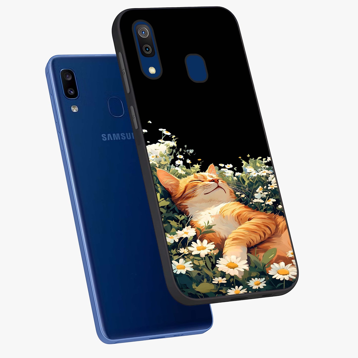Blissful Bloom Cat Glass Case displayed in angled mockup highlighting playful feline illustration with soft floral aesthetic.