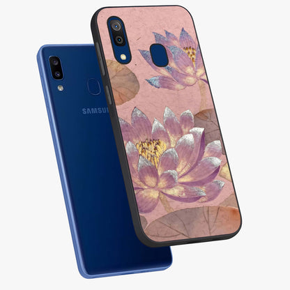 Blossom Mist Lotus Glass Case displayed in angled mockup highlighting delicate lotus illustration with calm aesthetic theme.