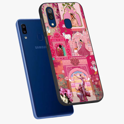 Blossoms of Rajasthan Glass Case displayed in angled mockup highlighting vibrant floral pattern with cultural aesthetic style.