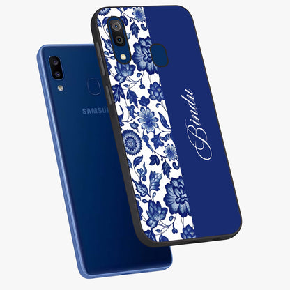 Blue Vintage Floral Pattern Glass Case displayed in angled mockup highlighting subtle bloom pattern with aesthetic pastel design.