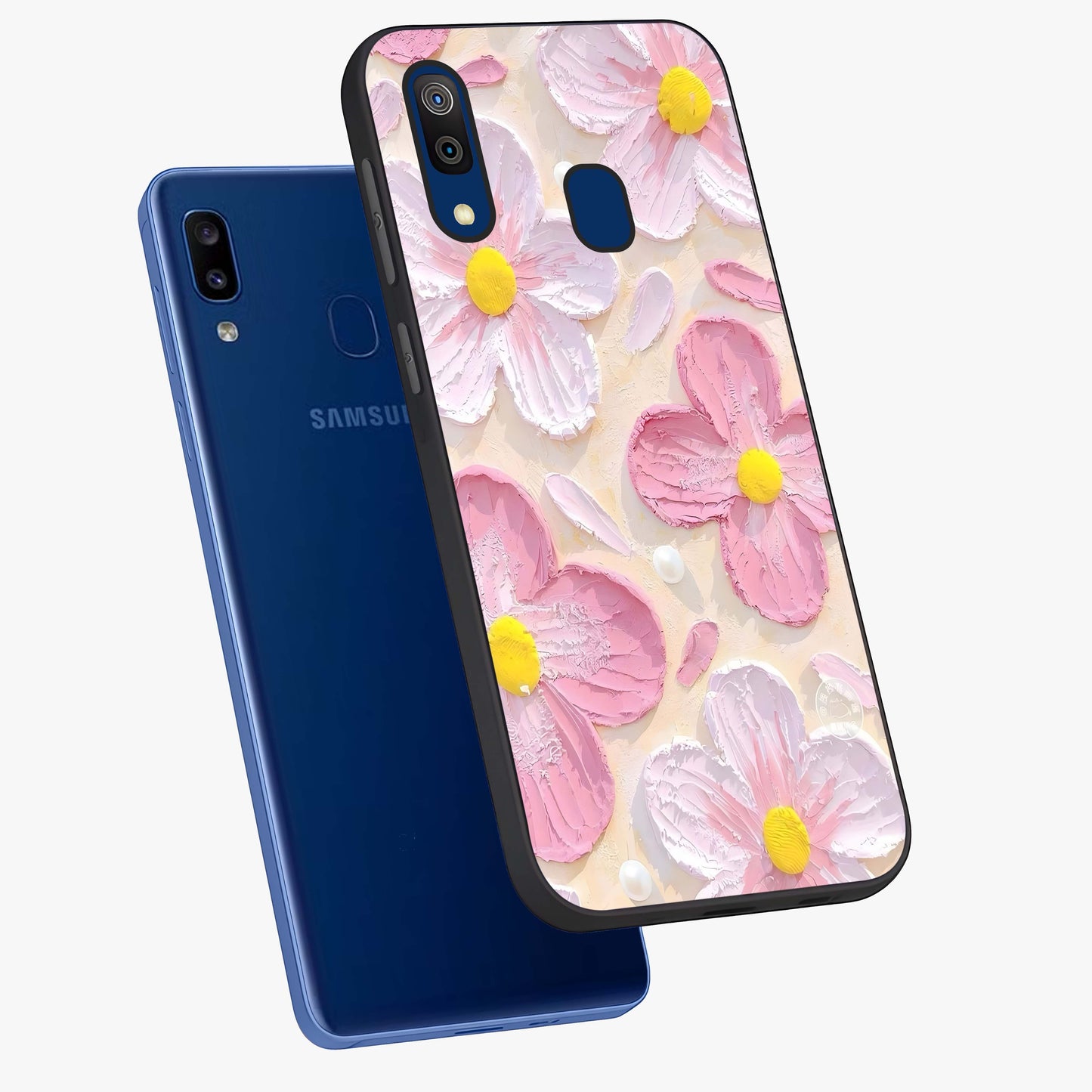 Blush Bloom Texture Glass Case displayed in angled mockup highlighting subtle bloom pattern with aesthetic pastel design.
