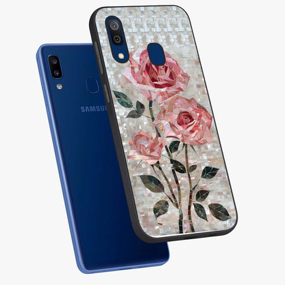Blush Mosaic Bloom Glass Case displayed in angled mockup highlighting artistic mosaic flower pattern with aesthetic design.