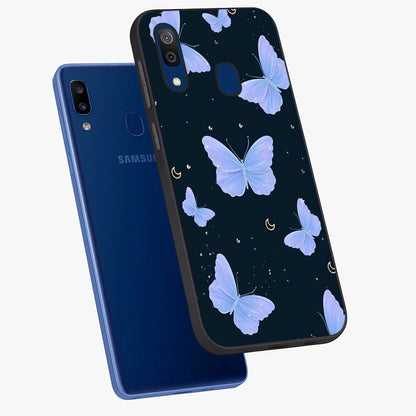 Butterfly With Stars Pattern Glass Case displayed in angled mockup highlighting dreamy butterfly and star design with aesthetic theme.