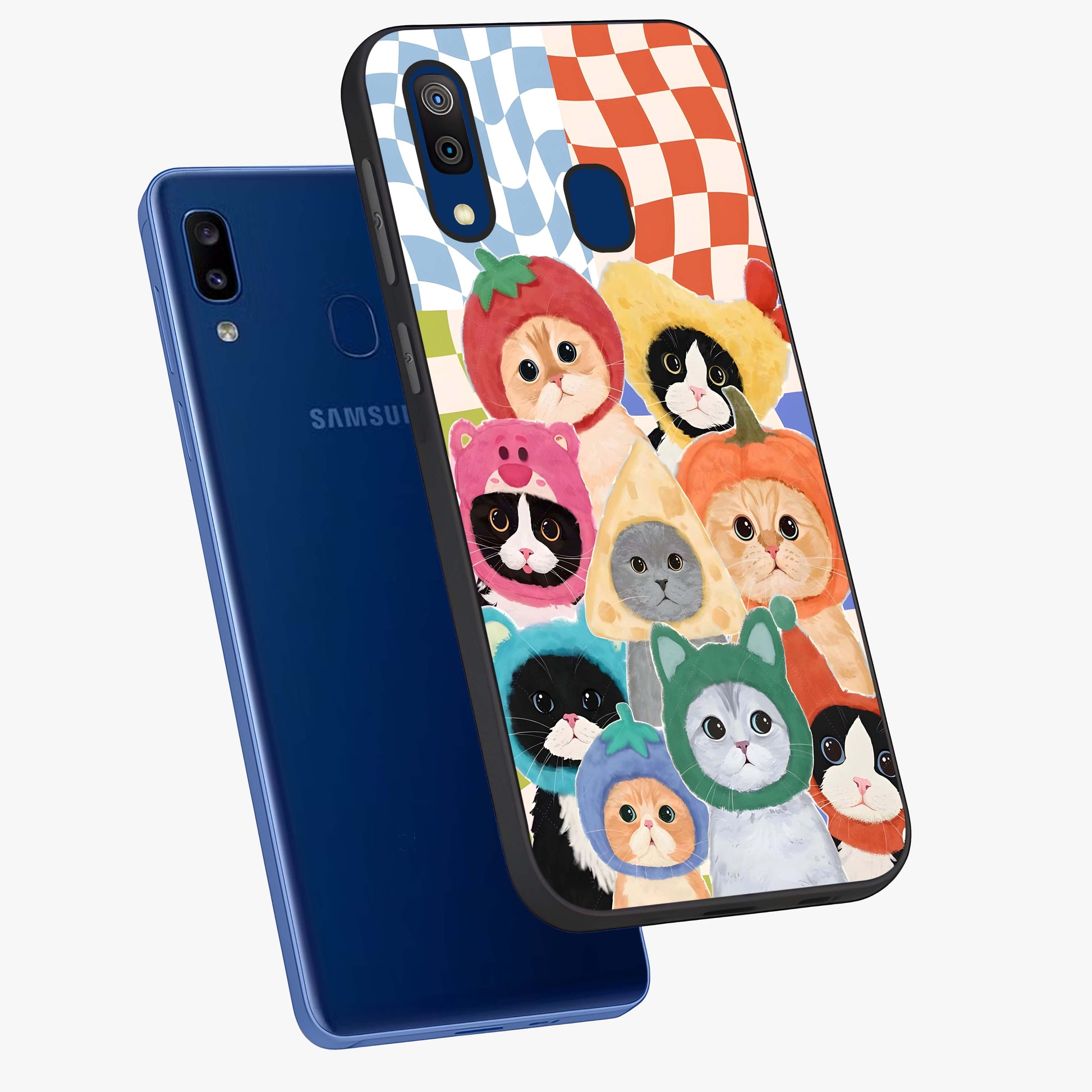 Cats in Fruits Glass Case displayed in angled mockup highlighting cute feline fruit design with colorful aesthetic style.