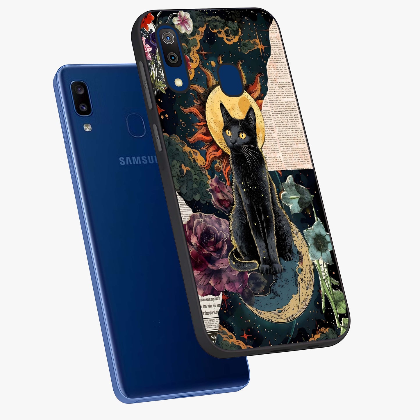Celestial Black Cat Glass Case displayed in angled mockup highlighting cosmic black cat design with celestial aesthetic.