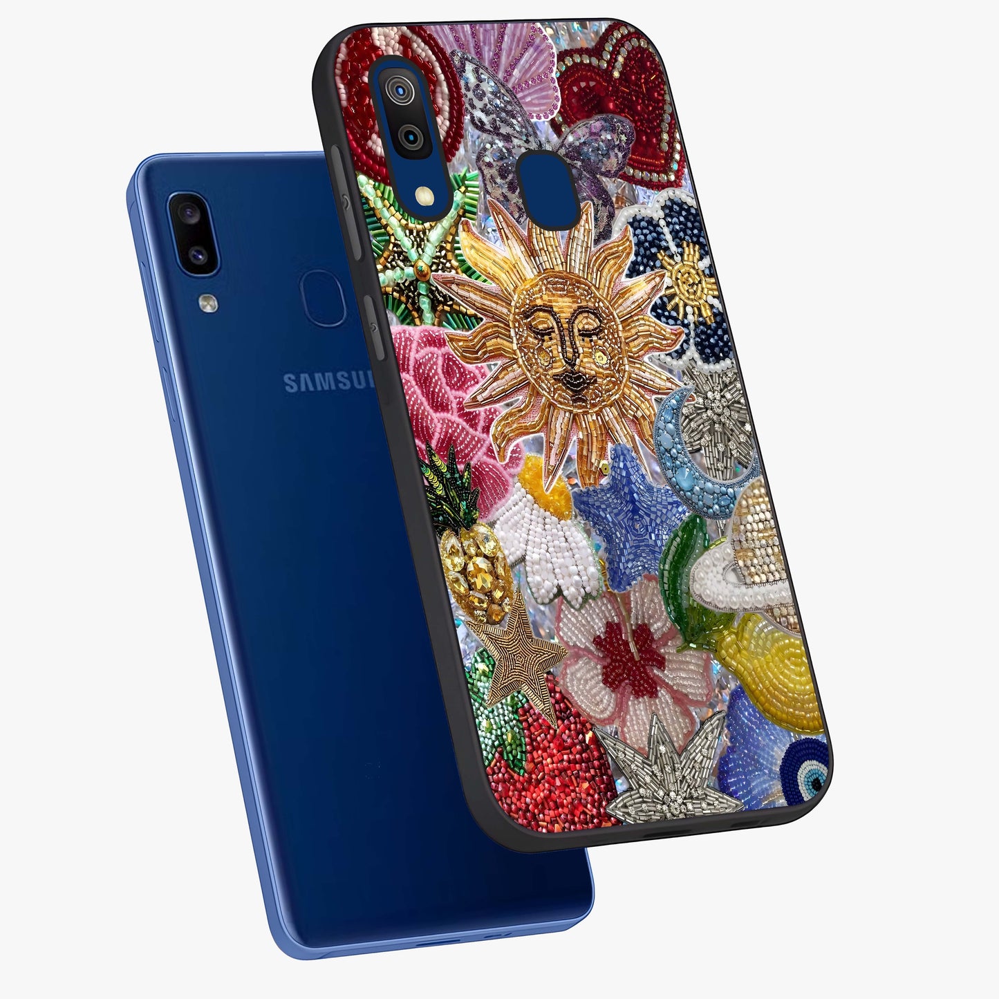Celestial Floral and Playful Glass Case displayed in angled mockup highlighting playful floral design with dreamy celestial elements.