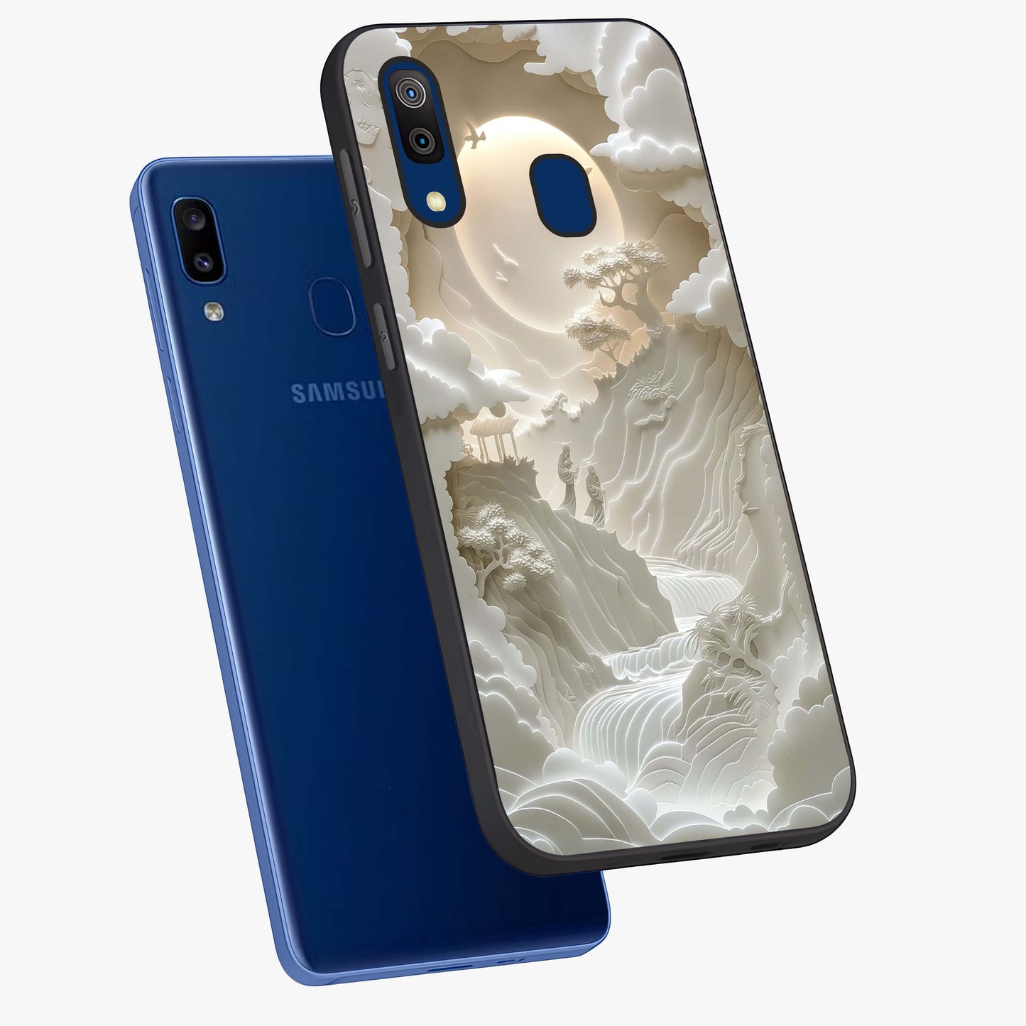 Celestial Origami Glass Case displayed in angled mockup highlighting geometric origami design with cosmic aesthetic theme.