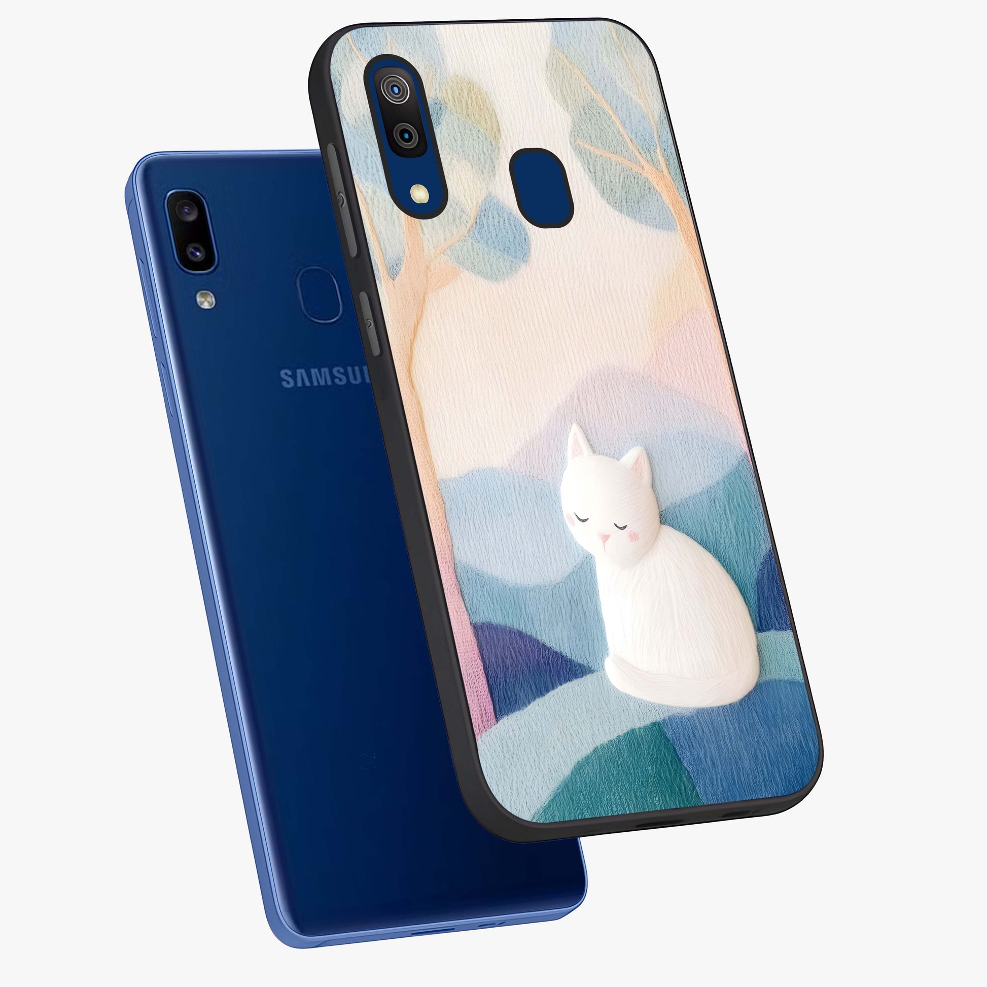 Cotton Dream Cat Glass Case displayed in angled mockup highlighting cute feline illustration with pastel aesthetic style.