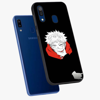 Crimson Chaos Smile Glass Case displayed in angled mockup highlighting edgy crimson smile design with graphic aesthetic.