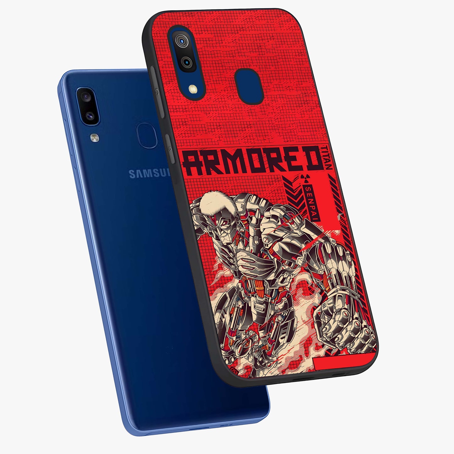 Crimson Mecha Titan Glass Case displayed in angled mockup highlighting futuristic mech illustration with bold crimson aesthetic.