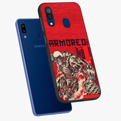 Crimson Mecha Titan Glass Case displayed in angled mockup highlighting futuristic mech illustration with bold crimson aesthetic.
