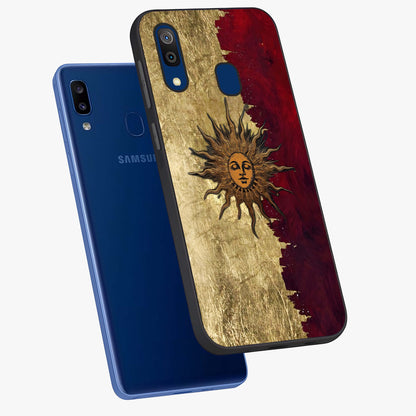 Crimson Sun Majesty Glass Case displayed in angled mockup highlighting majestic crimson sun design with bold aesthetic style.