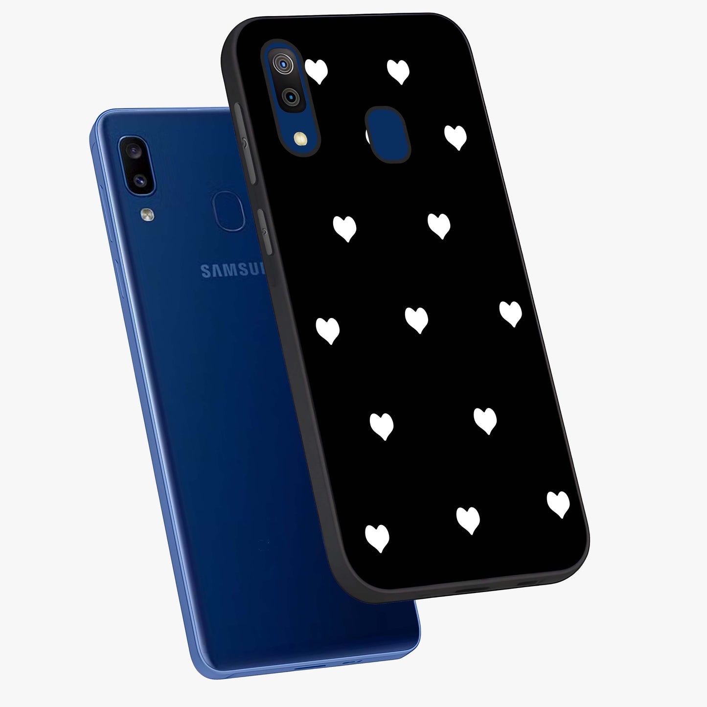 Cute And Simple White Hearts Glass Case displayed in angled mockup highlighting cute heart design with clean aesthetic style.