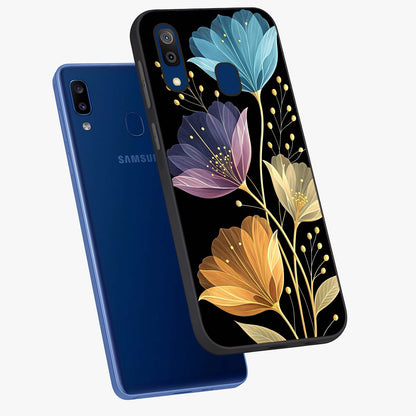 Delicate Multicolor Flowers Glass Case displayed in angled mockup highlighting colorful flower pattern with soft aesthetic style.