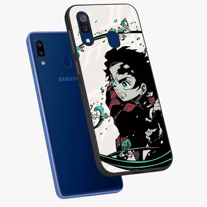 Demon Slayer Glass Case displayed in angled mockup highlighting dramatic anime character design with action aesthetic.
