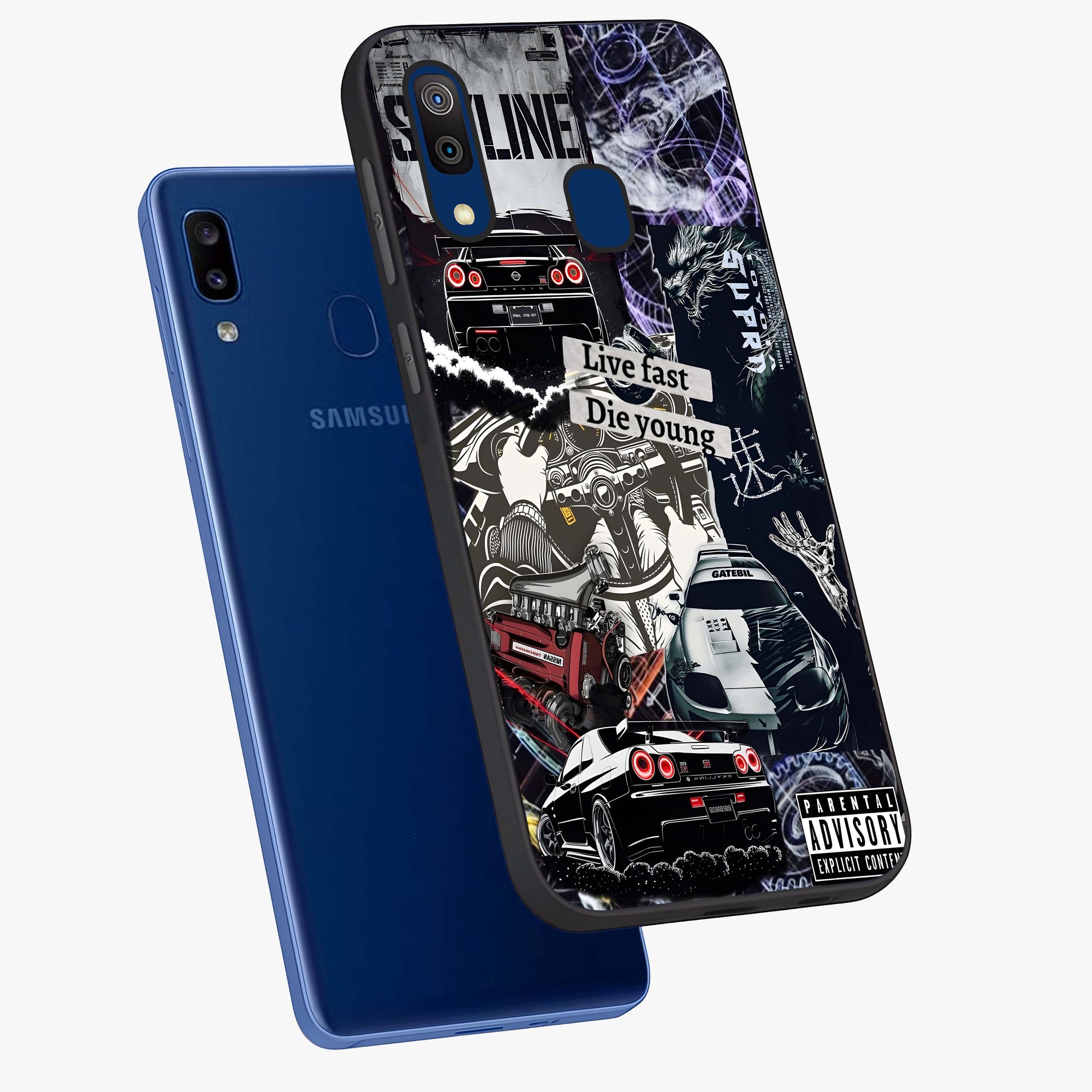 Die Young Glass Case displayed in angled mockup highlighting expressive graphic artwork with edgy aesthetic style.