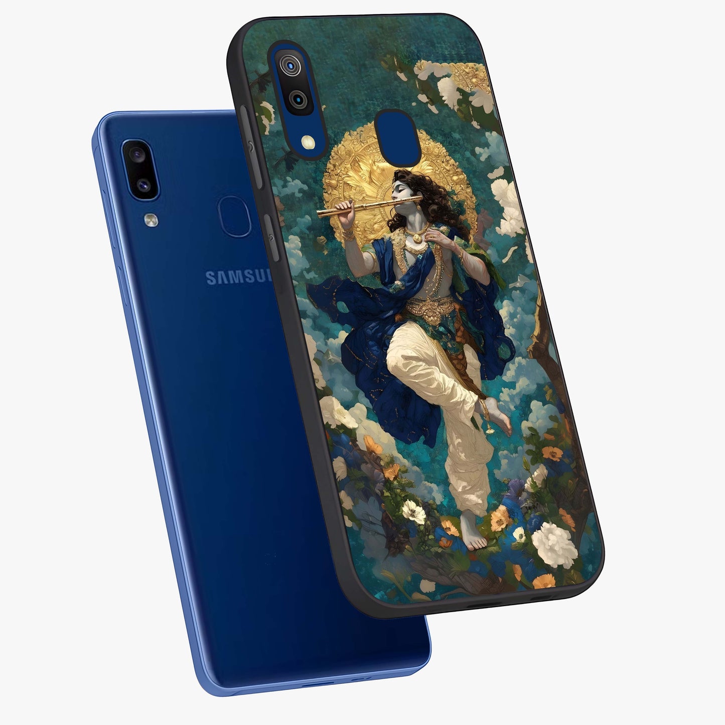 Divine Krishna Art Glass Case displayed in angled mockup highlighting spiritual Krishna illustration with devotional aesthetic.