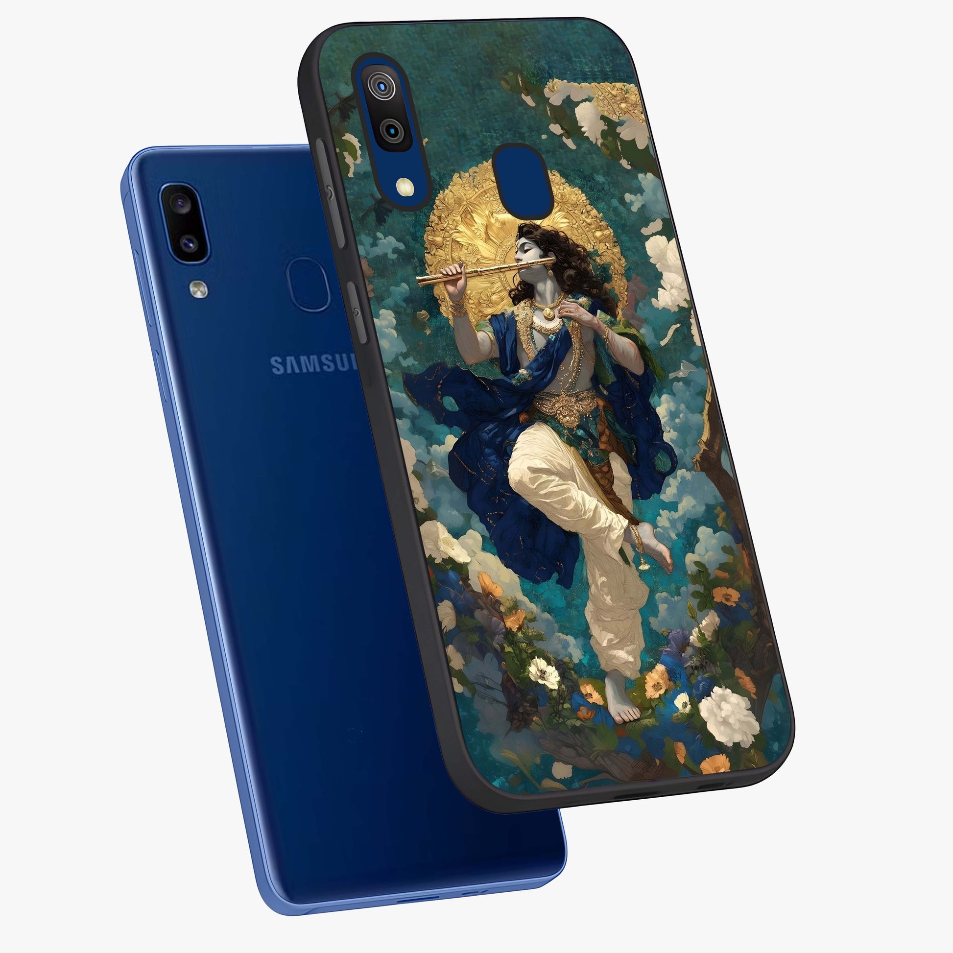 Divine Krishna Art Glass Case displayed in angled mockup highlighting spiritual Krishna illustration with devotional aesthetic.