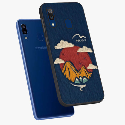 Dream Beyond Mountains Glass Case displayed in angled mockup highlighting dreamy mountain illustration with peaceful aesthetic.