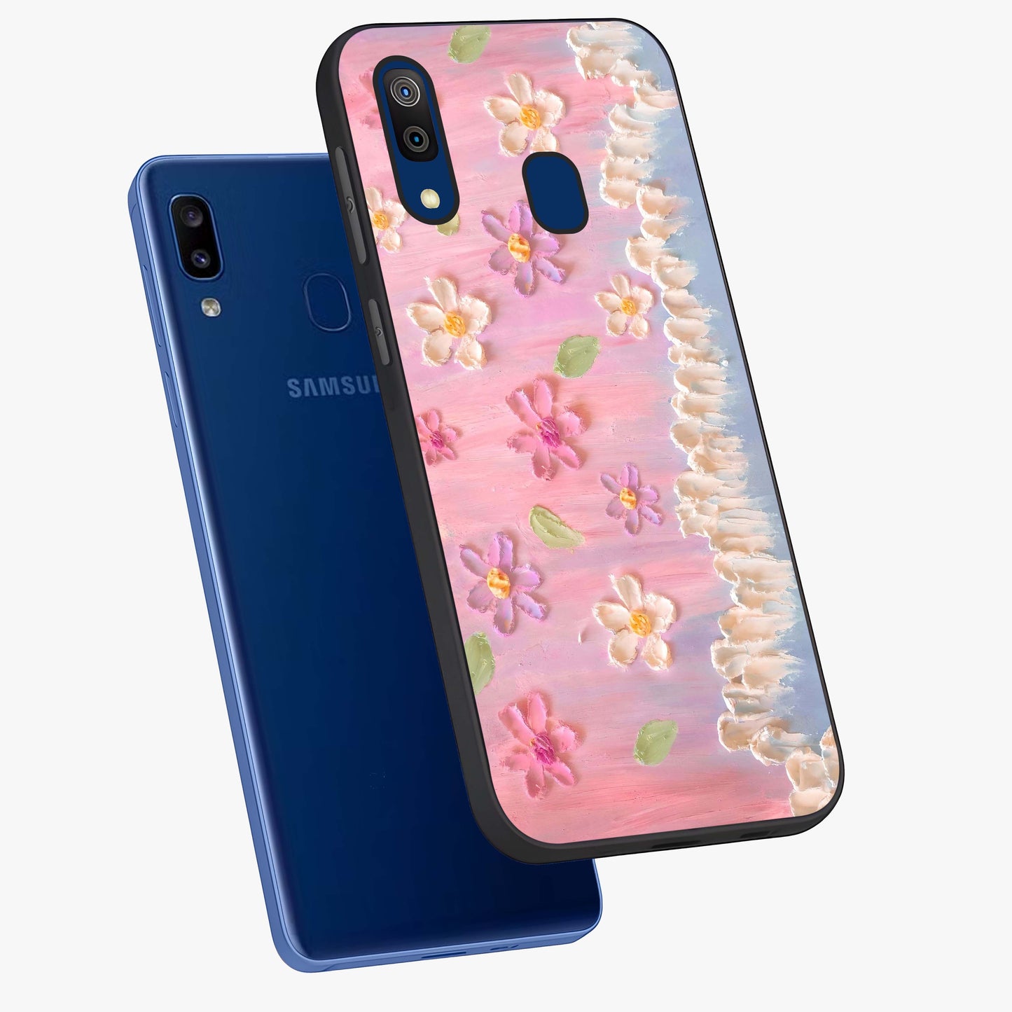 Dreamy Painted Garden Glass Case displayed in angled mockup highlighting colorful garden illustration with dreamy aesthetic style.