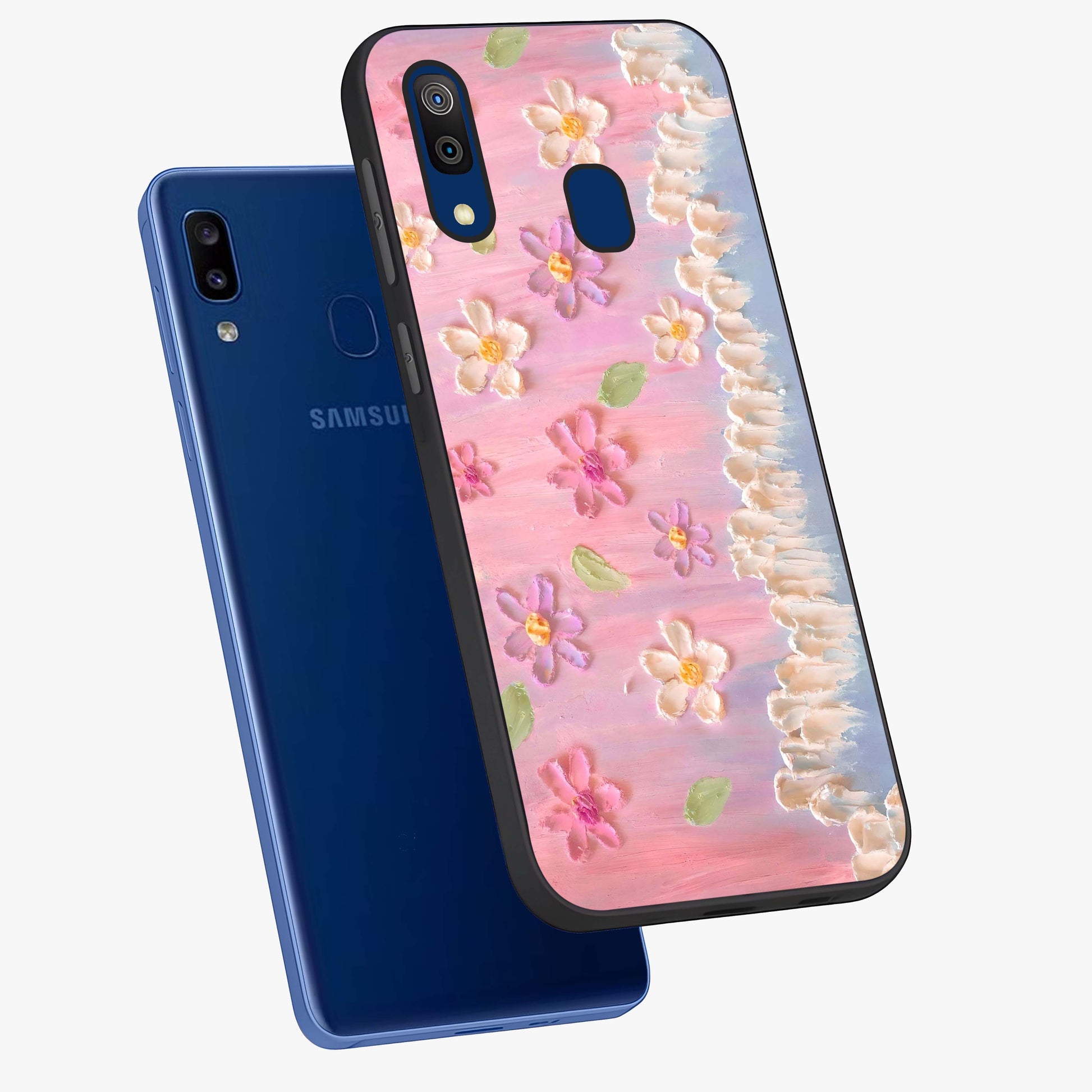 Dreamy Painted Garden Glass Case displayed in angled mockup highlighting colorful garden illustration with dreamy aesthetic style.