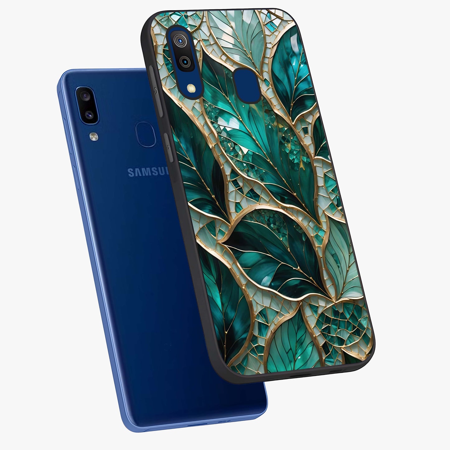 Emerald Leaf Glass Glass Case displayed in angled mockup highlighting botanical leaf illustration with elegant natural aesthetic.