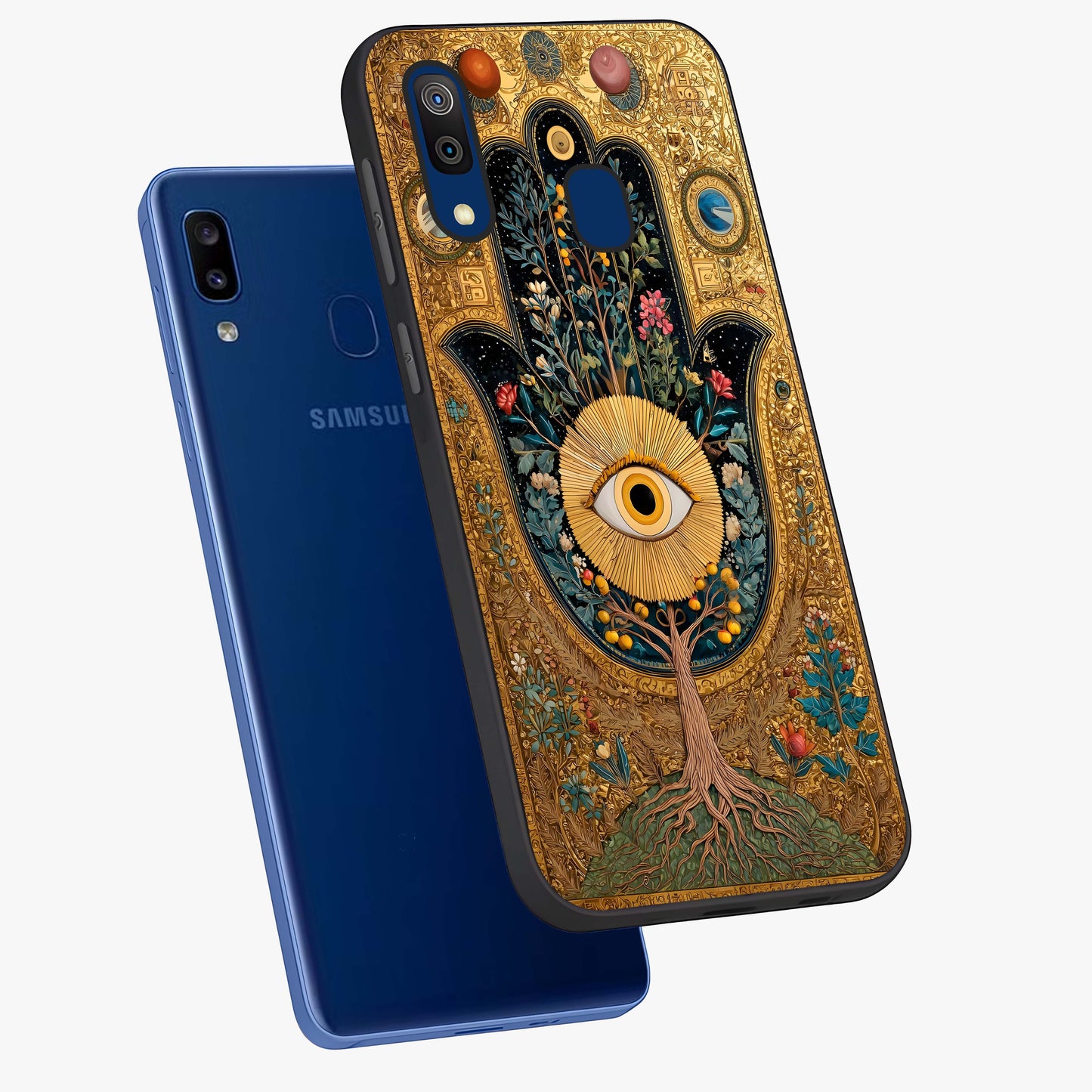 Ethereal Evil Eye Glass Case displayed in angled mockup highlighting protective evil eye symbol with spiritual aesthetic design.