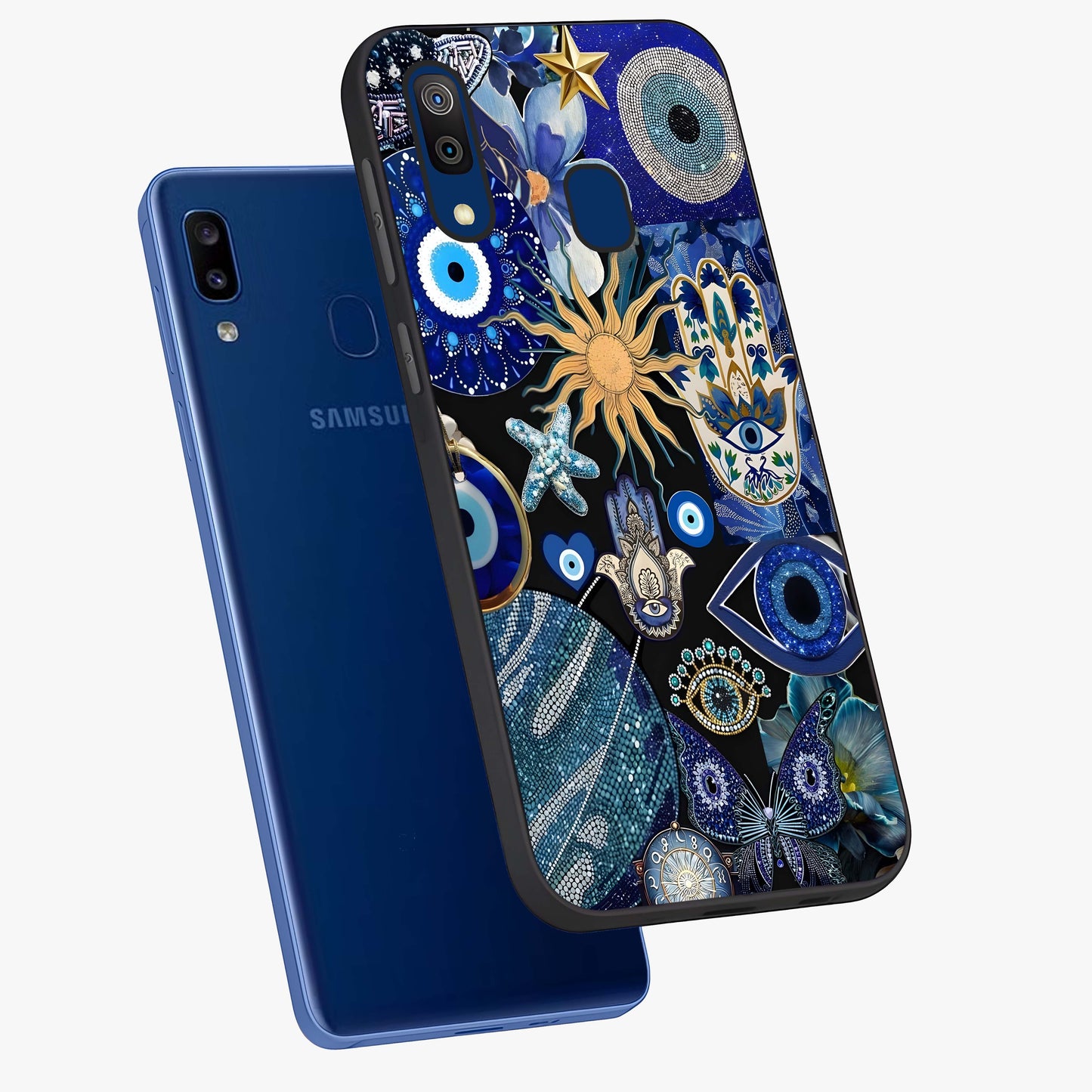 Evil Eye Charm Mix Glass Case displayed in angled mockup highlighting protective evil eye symbols with spiritual aesthetic design.
