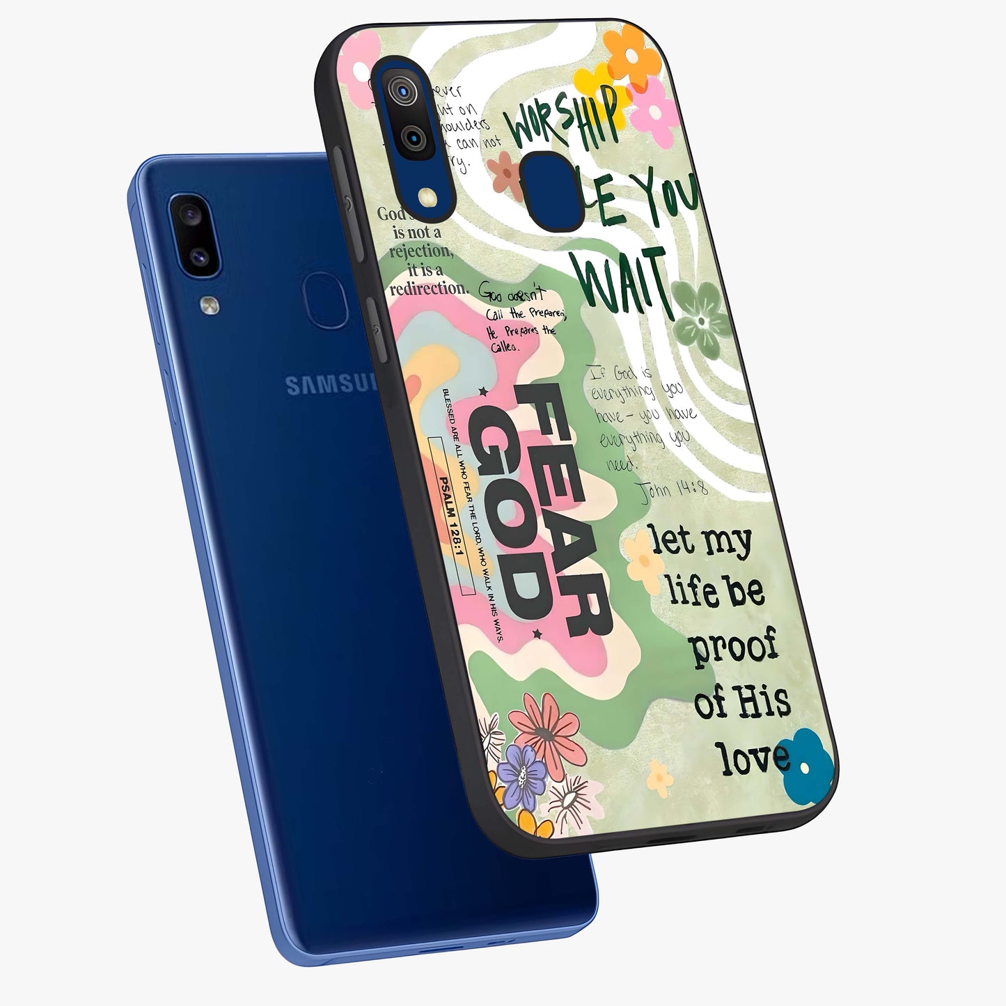 Faith Over Fear Glass Case displayed in angled mockup highlighting inspirational message design with modern aesthetic style.