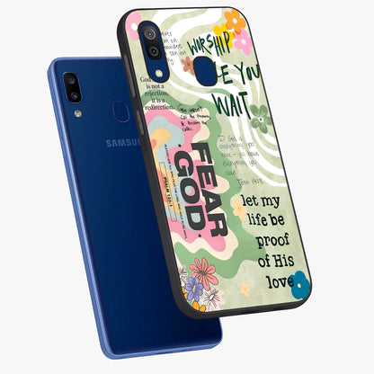 Faith Over Fear Glass Case displayed in angled mockup highlighting inspirational message design with modern aesthetic style.