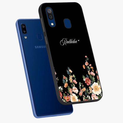 Floral Design With a Custom Personalized Name Glass Case displayed in angled mockup highlighting elegant floral pattern with custom name feature.