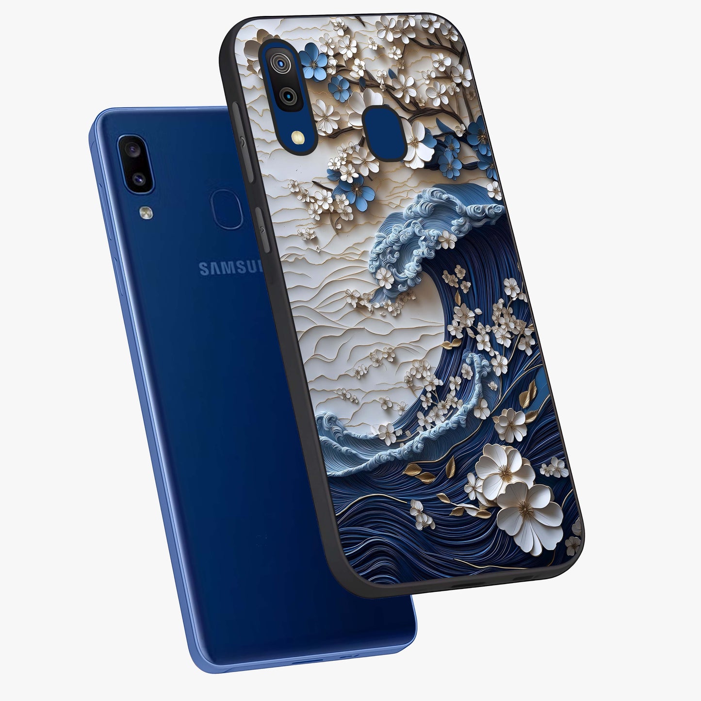 Floral Wave Origami Glass Case displayed in angled mockup highlighting geometric origami flower design with modern aesthetic style.
