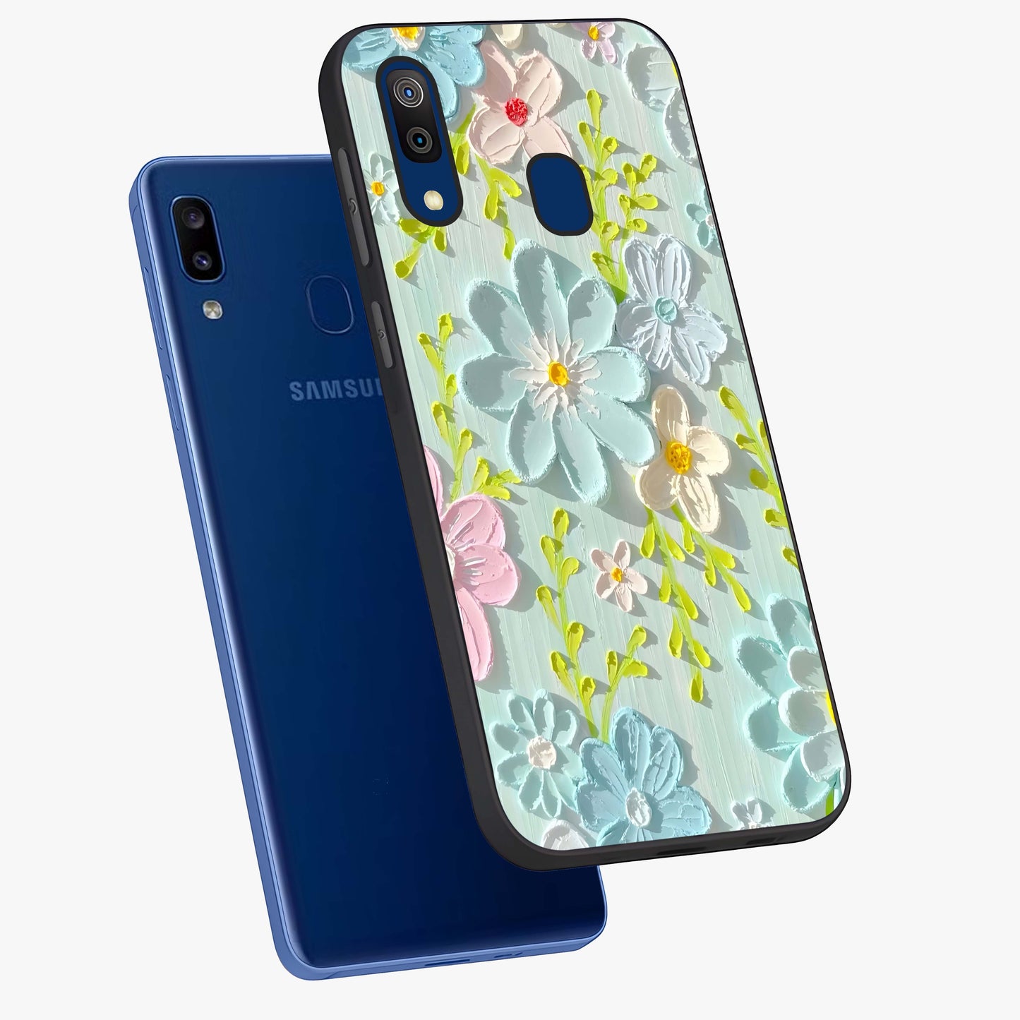 Frosted Petal Garden Glass Case displayed in angled mockup highlighting delicate flower petal design with calm garden aesthetic.