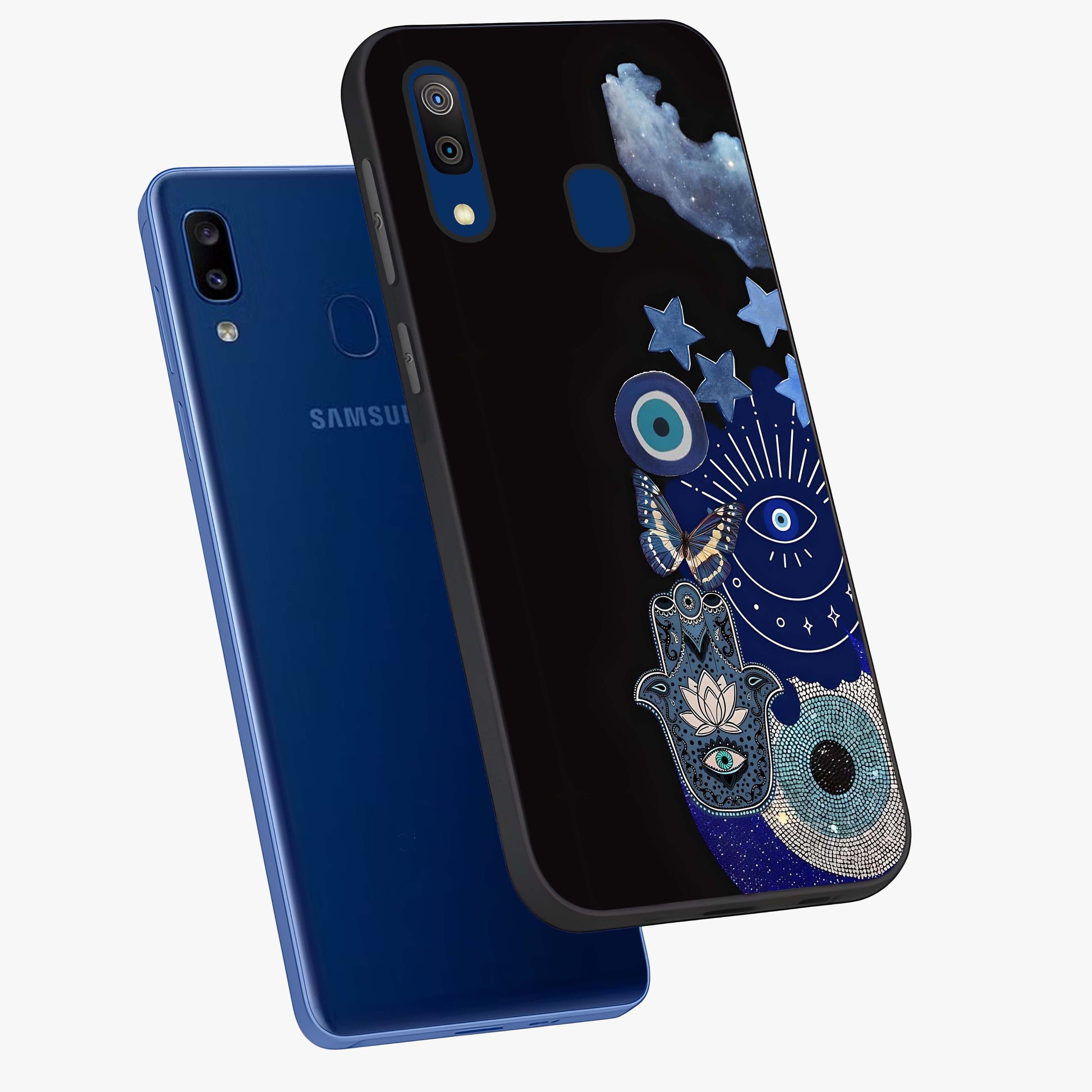Galactic Charm Cluster Glass Case displayed in angled mockup highlighting luminous galaxy inspired design with dreamy aesthetic.