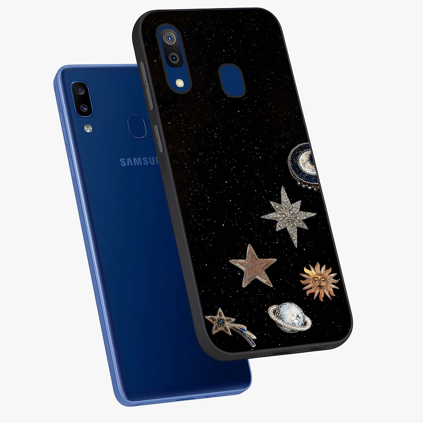 Galactic Charm Glow Glass Case displayed in angled mockup highlighting luminous galaxy inspired design with dreamy aesthetic.