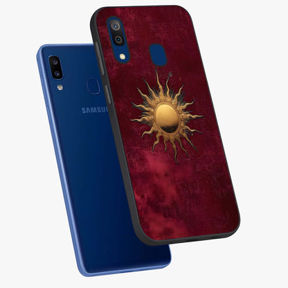 Golden Sun Minimalism Glass Case displayed in angled mockup highlighting clean sun symbol design with modern minimal aesthetic.