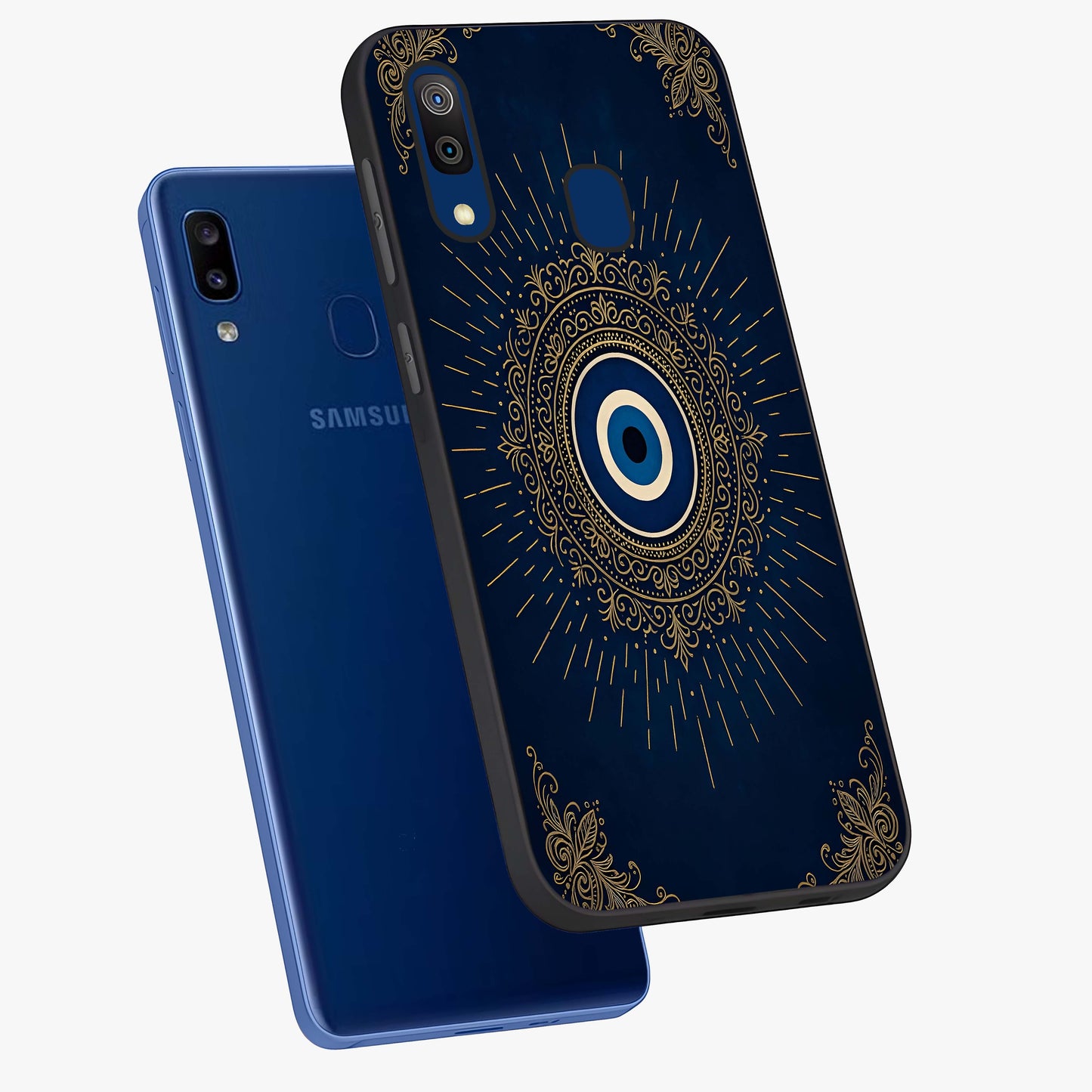 Golden Celestial Charm Glass Case displayed in angled mockup highlighting sparkling cosmic charm design with celestial aesthetic.