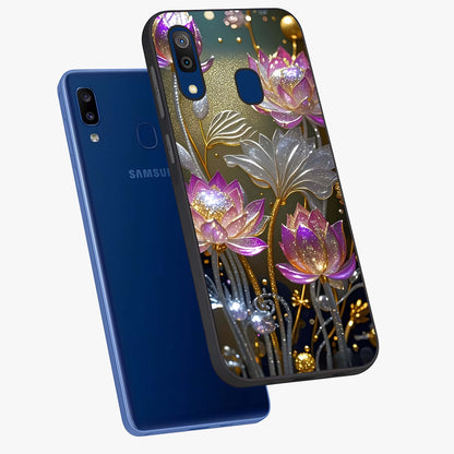 Golden Floral Majesty Glass Case displayed in angled mockup highlighting elegant flower design with royal golden aesthetic.