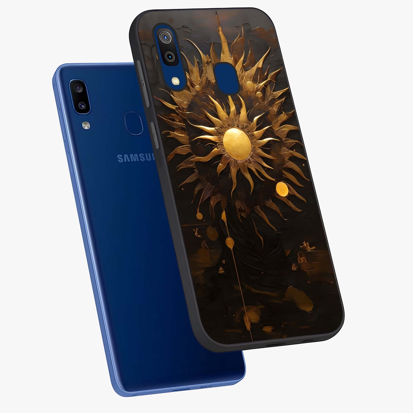 Golden Sun Majesty Glass Case displayed in angled mockup highlighting eerie shadow illustration with gothic aesthetic.