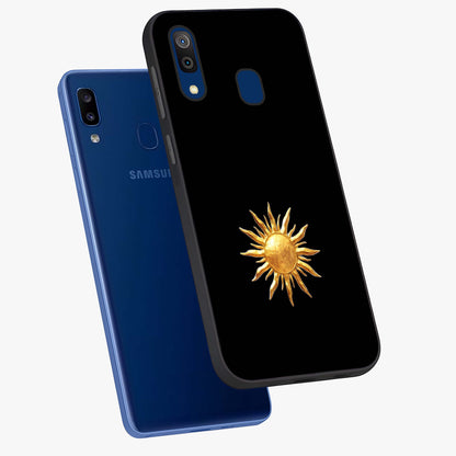 Golden Sun Minimalism Glass Case displayed in angled mockup highlighting eerie shadow illustration with gothic aesthetic.