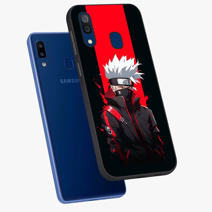 Kakashi Scarlet Shadow Glass Case displayed in angled mockup highlighting dramatic ninja illustration with scarlet themed aesthetic.