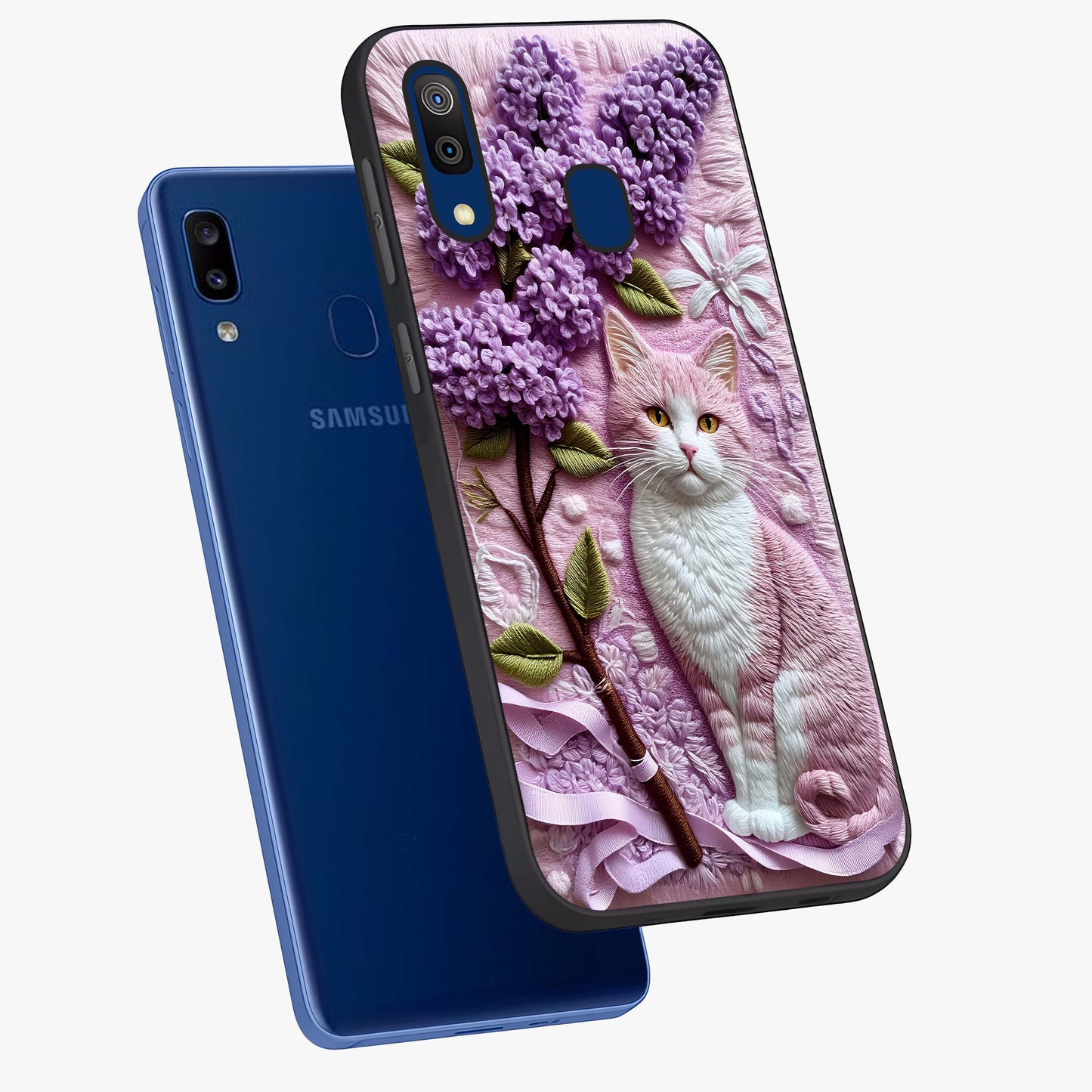 Lavender Cat Whimsy Glass Case displayed in angled mockup highlighting playful feline illustration with pastel lavender aesthetic.