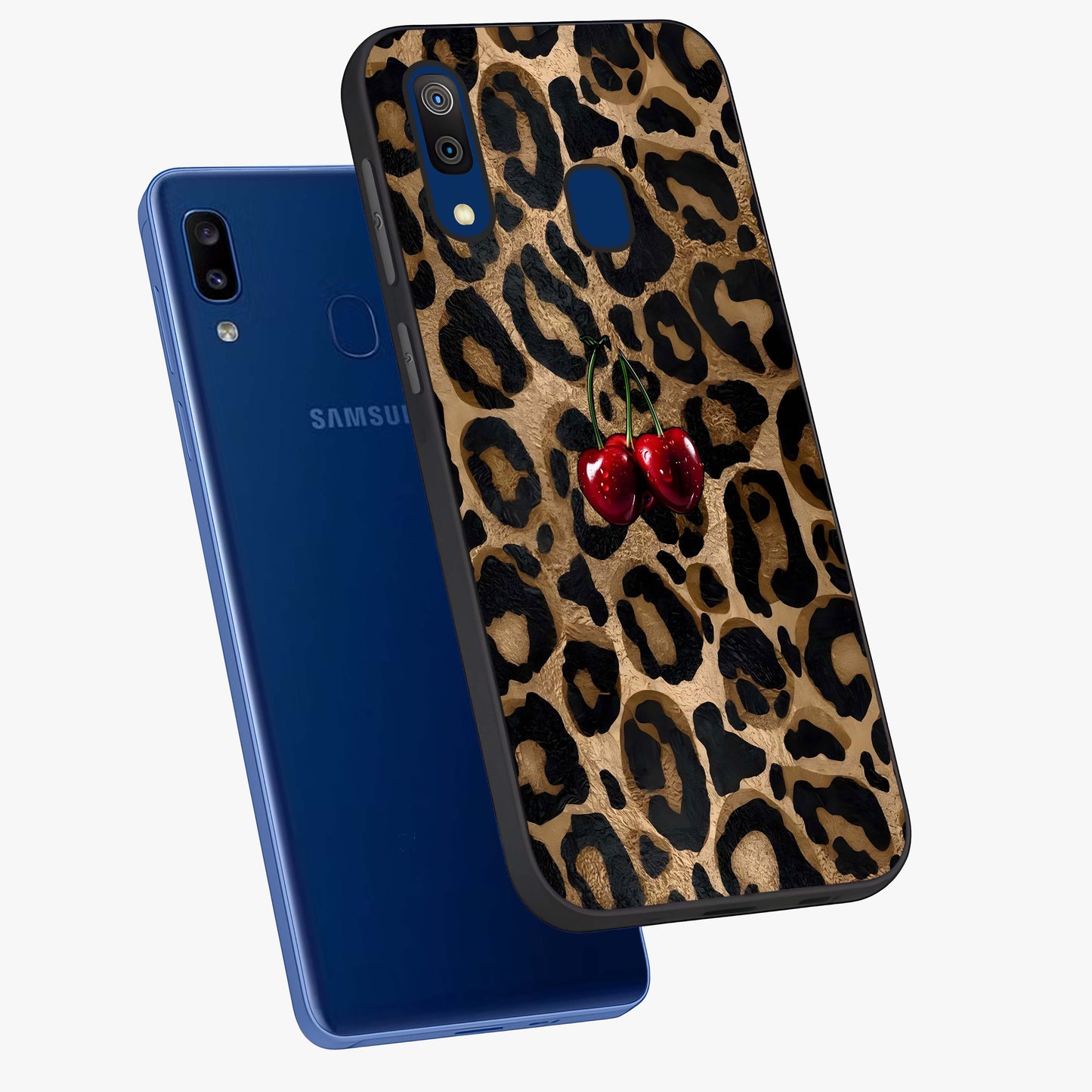 Leopard Wild Cherry Glass Case displayed in angled mockup highlighting bold animal print design with playful cherry aesthetic.