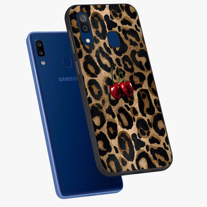 Leopard Wild Cherry Glass Case displayed in angled mockup highlighting bold animal print design with playful cherry aesthetic.